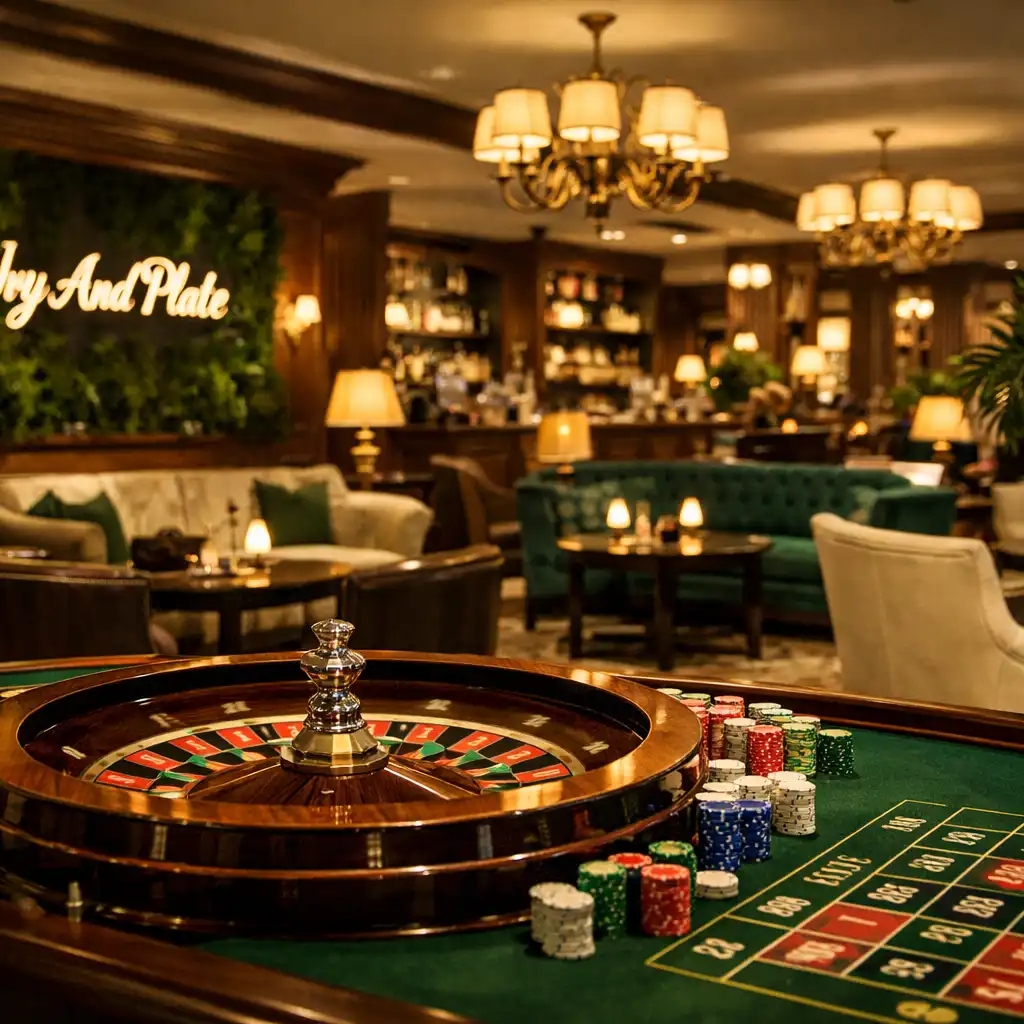 Klimatyczne wnętrze Casino Lounge Ivy And Plate z ciemnym drewnem orzechowym, stołem pokerowym i ciepłym światłem świec