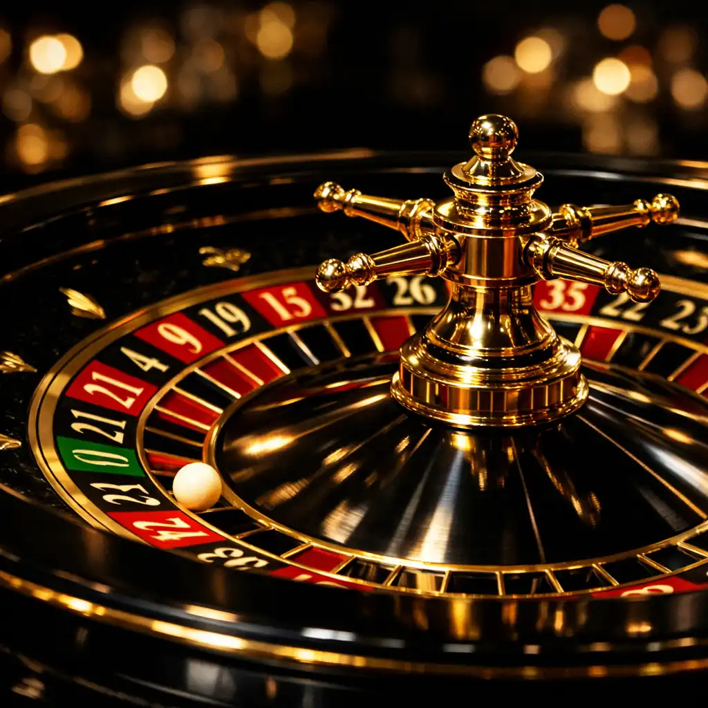 Europejskie koło ruletki na ciemnym drewnianym stole z żetonami
